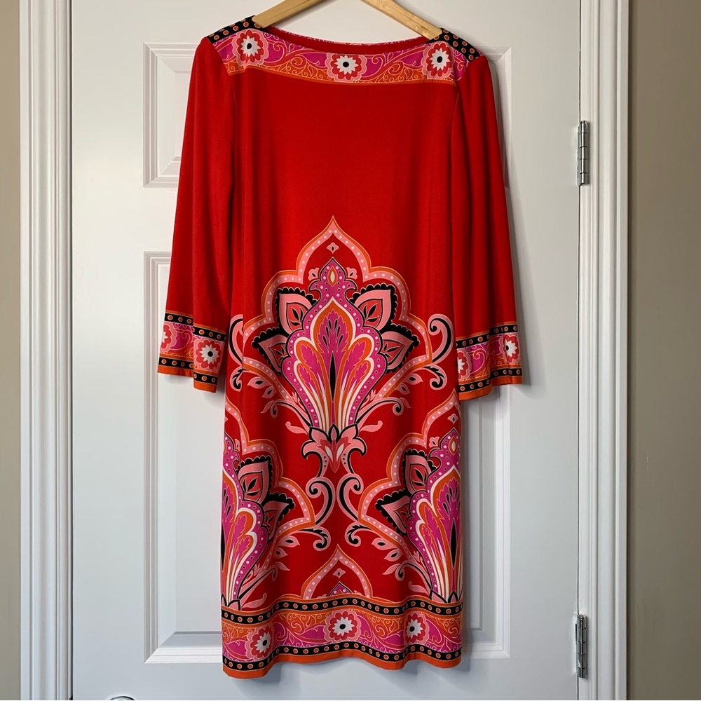 London Times Red and Pink Paisley 3/4 Sleeve Shift Dress Size 12